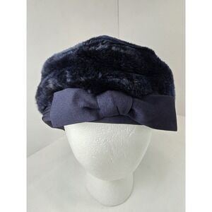 Vintage Navy Blue‎ Faux Fur Pillbox Hat Satin Bow Union Made USA Womens